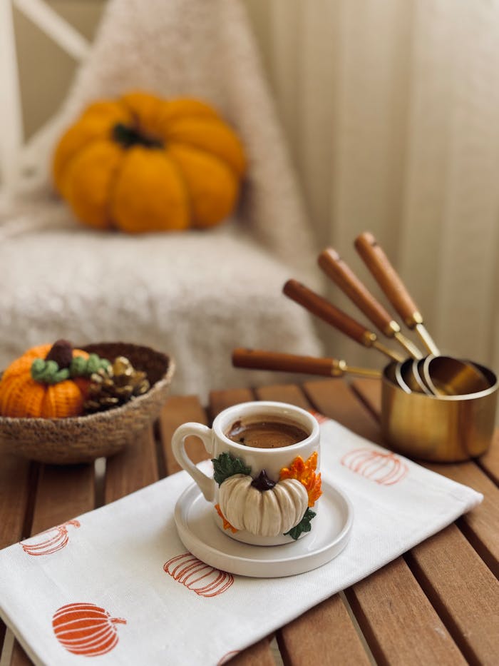 Cozy autumn coffee scene with pumpkins and measuring cups on wooden table.